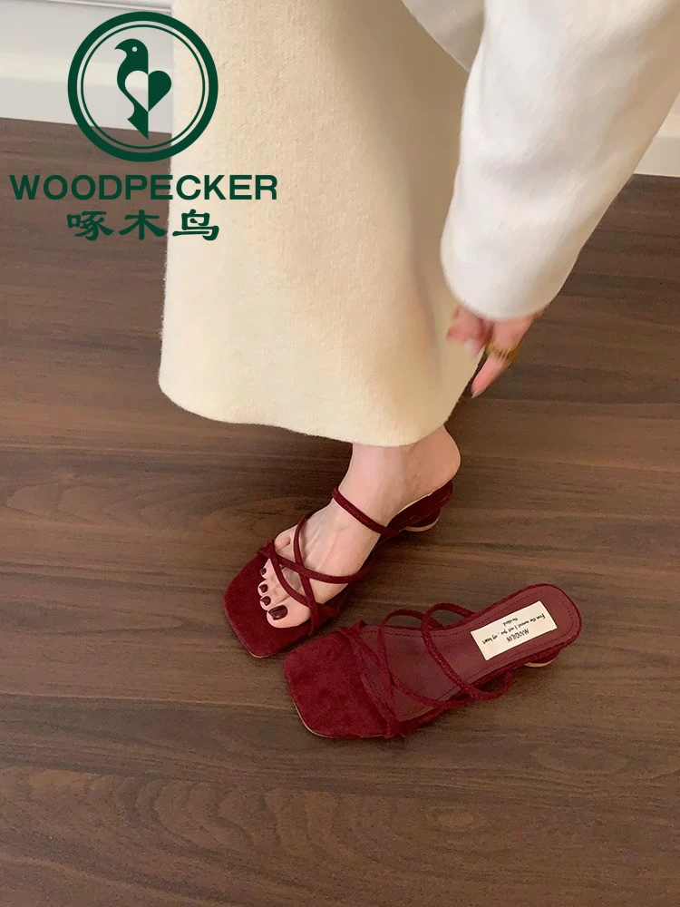 啄木鸟韩版拖鞋粗跟法式小凉拖女款夏外穿海边配裙子高跟仙女凉鞋