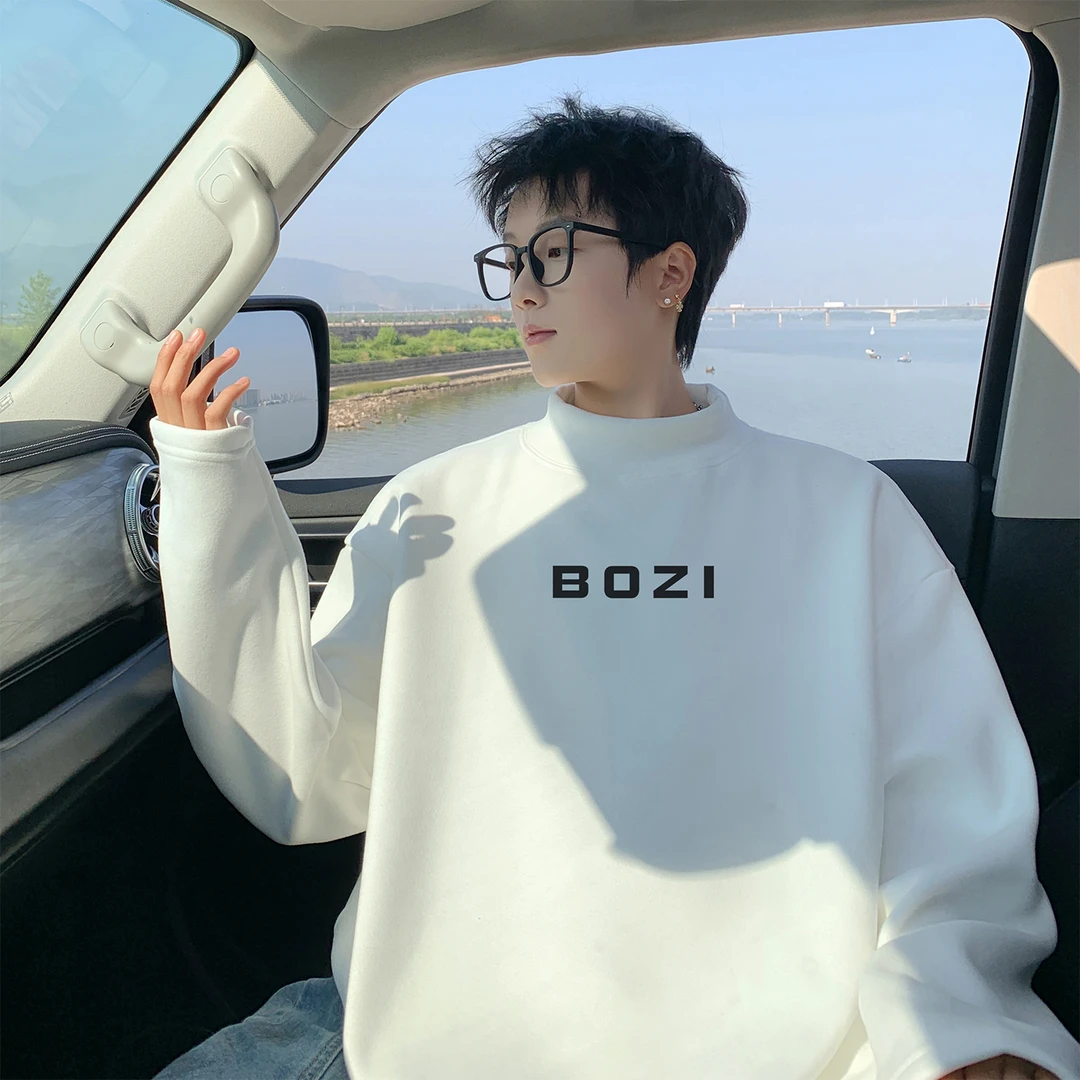 极简风半高领德绒长袖打底衫男宽松字母印花潮牌高级感百搭上衣服