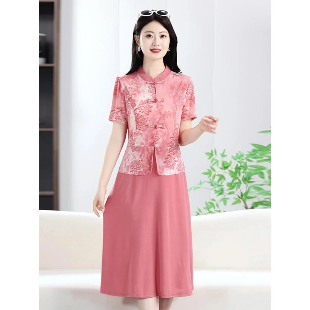 2025妈妈装夏季中式短袖假两件连衣裙中老年女装新款气质显瘦裙子