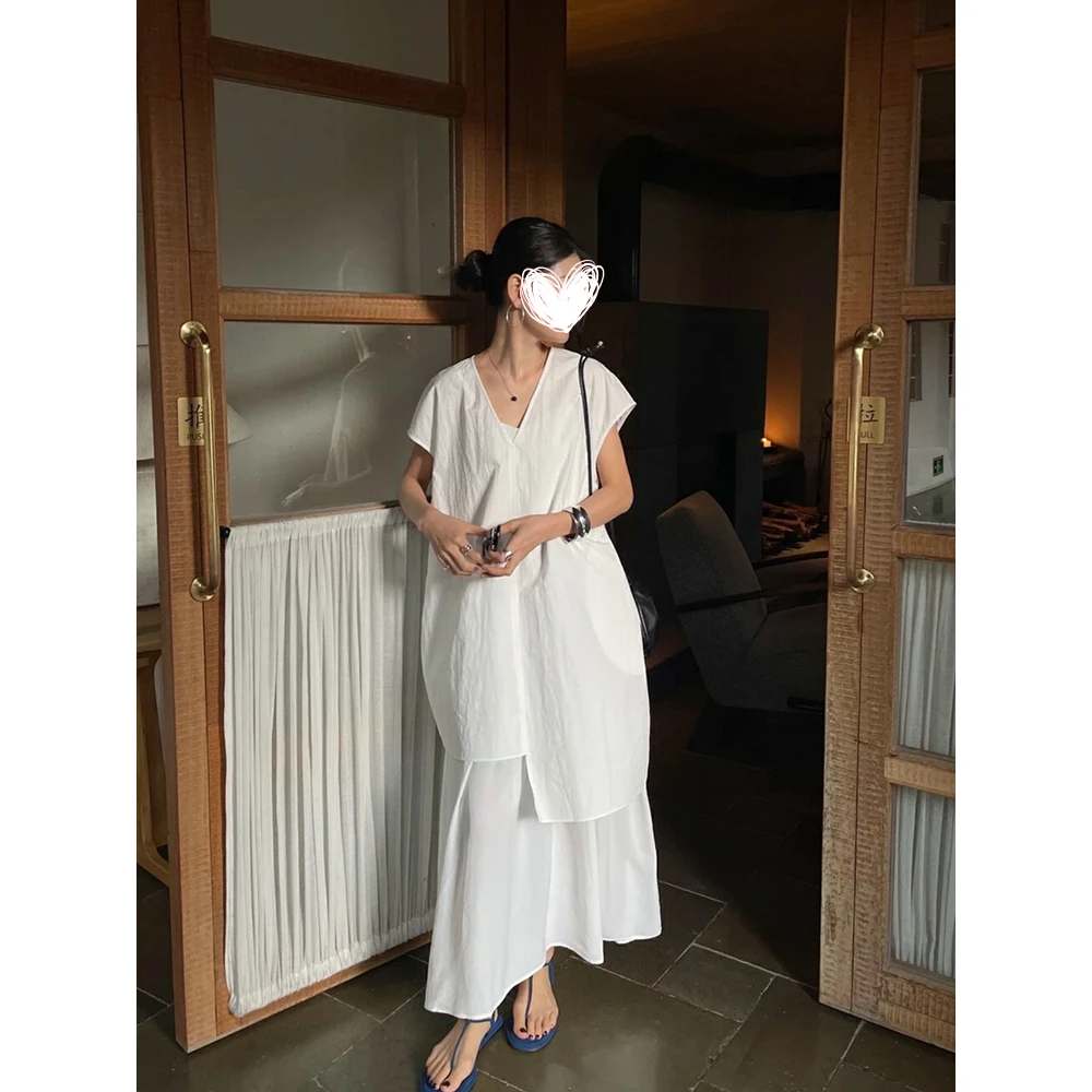 FRVXO休闲老钱风简约设计感洋气无袖V领马甲白色吊带连衣裙套装夏