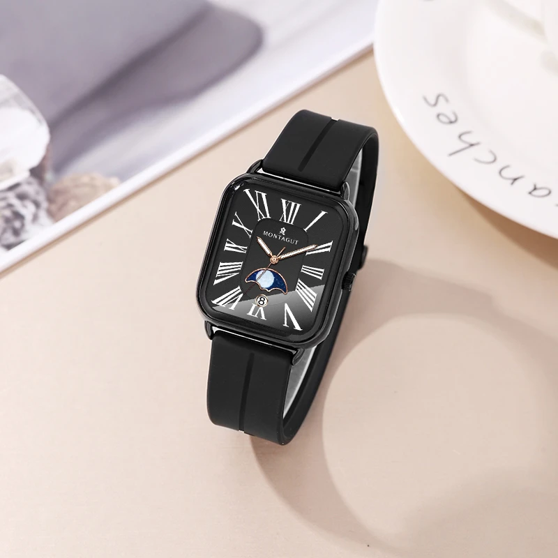 【阿哲专属】MONTAGUT梦特娇方形磁铁扣星月珍潮流石英大表盘手表-Y