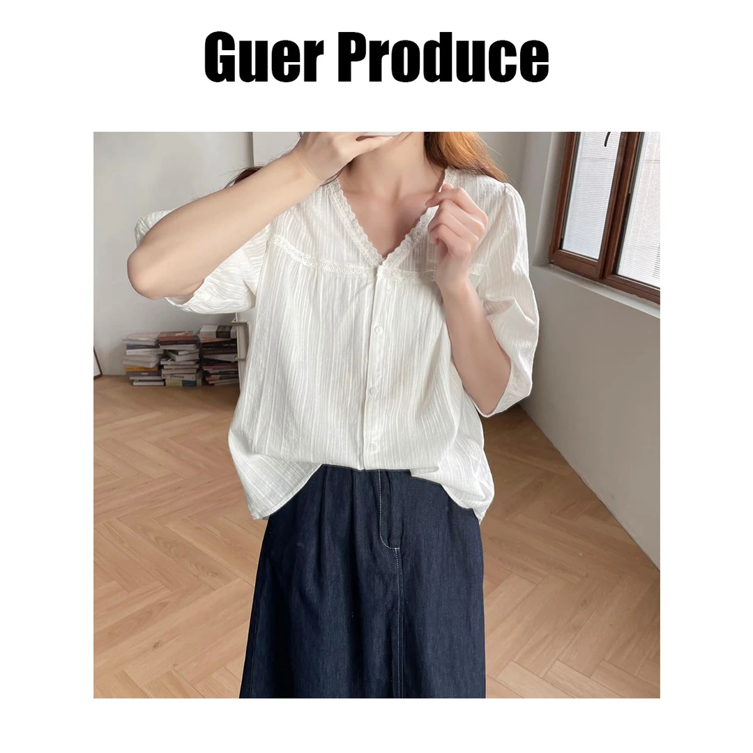 【谷儿】法式提花刺绣V领衬衫女五分袖夏季宽松纯棉短袖气质上衣