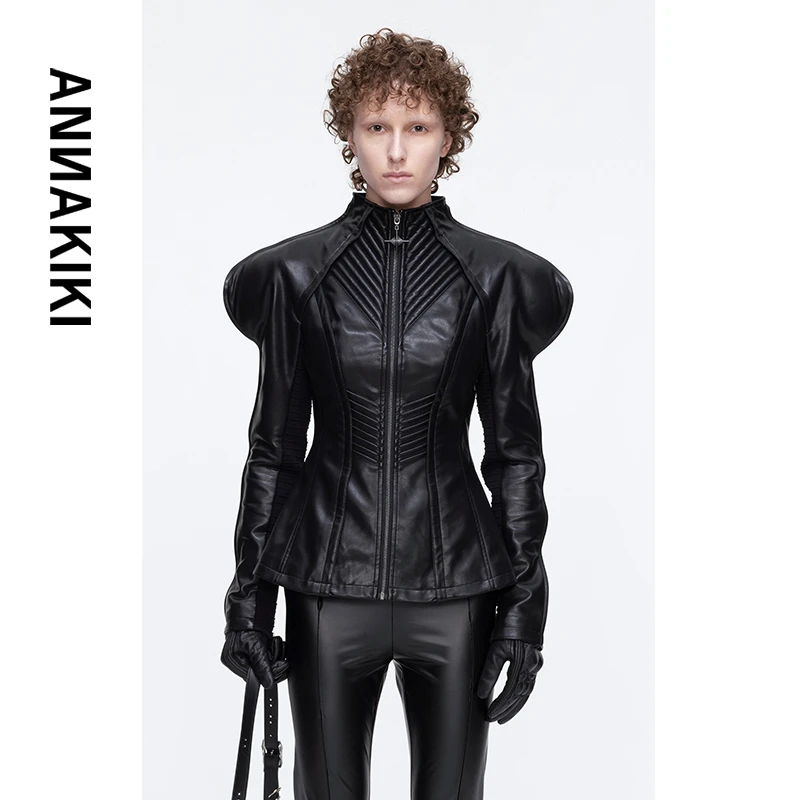 弧形袖立体结构收腰皮衣 3D4C0615H626