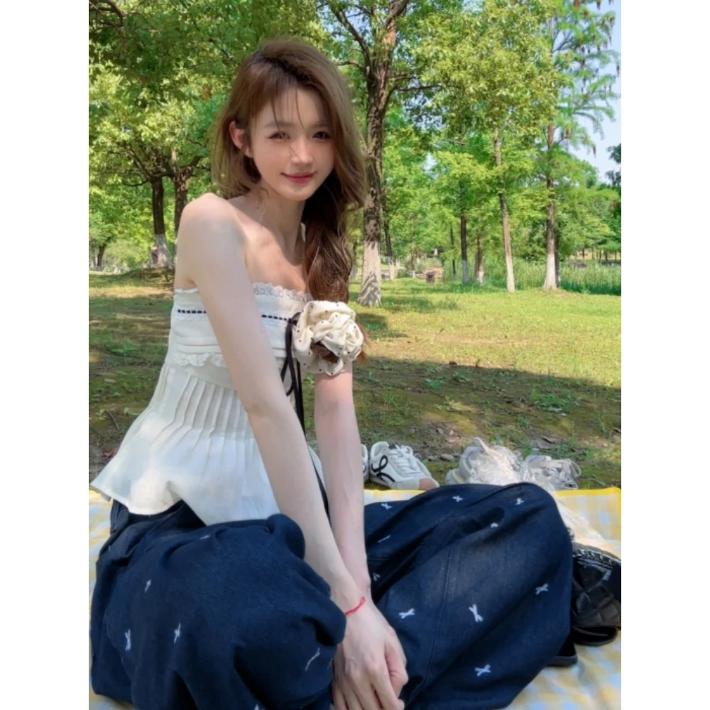 辣妹抹胸设计感小众胸垫短款上衣+休闲阔腿牛仔裤