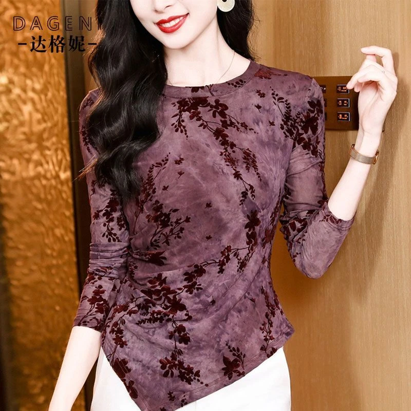 圆领植绒网纱长袖打底衫女春季新款复古上衣内搭不规则t恤小衫女