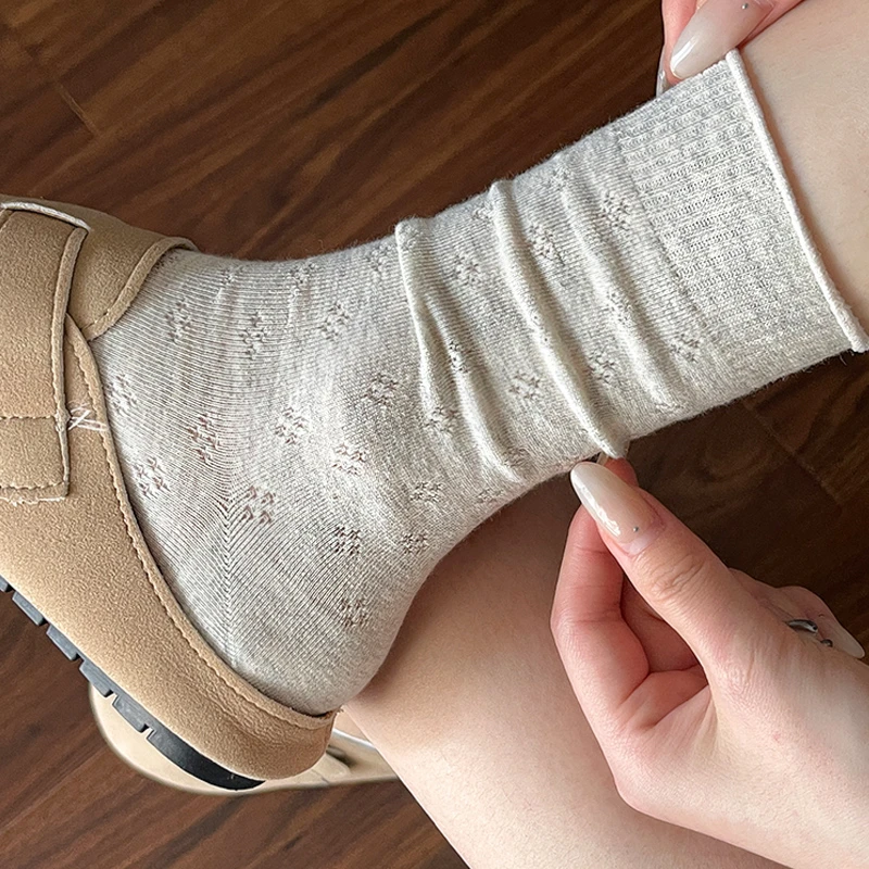 袜子女夏季薄款ins潮纯色休闲卷边中筒袜网眼镂空透气棉袜堆堆袜