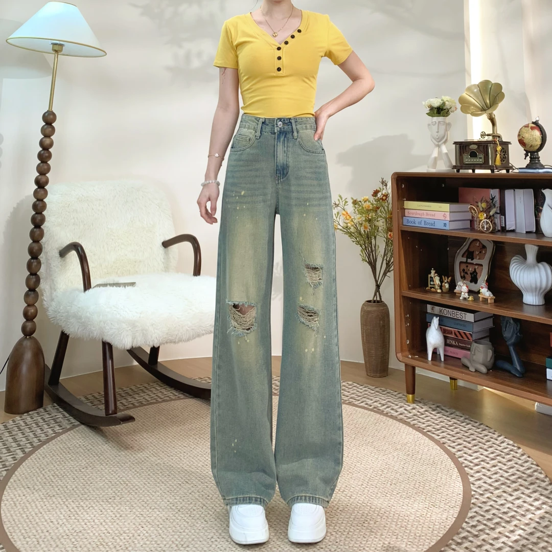 【顺丰包邮】2025年夏季新款破洞牛仔裤女高腰显瘦百搭窄版直筒裤