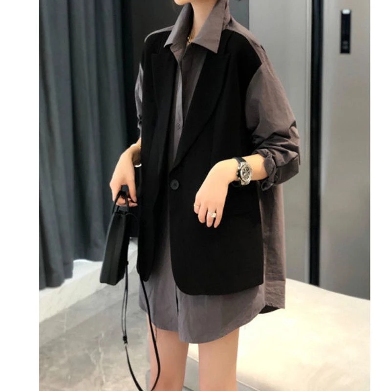 春秋款马甲拼接衬衣大码上衣宽松时尚洋气小个子假两件休闲衬衫女