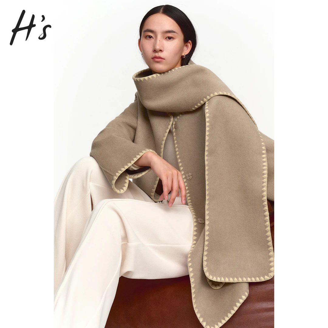 【反季"放“价”】HS含骆驼绒双面呢大衣冬季女装落肩设计摩登外套