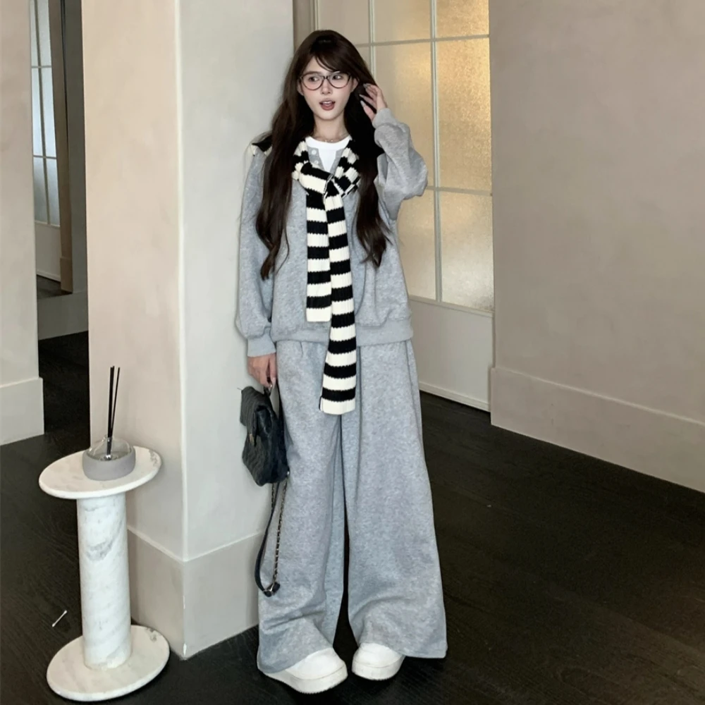 加绒休闲运动套装女秋冬季学生韩版宽松假两件圆领长袖长裤三件套