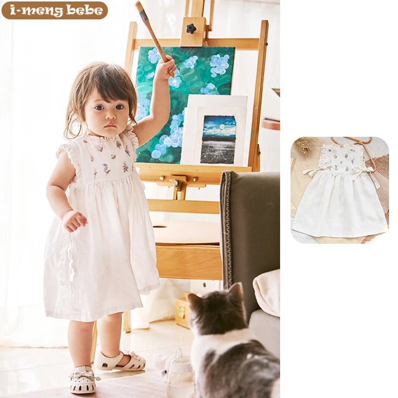 i·mengbebe纯亚麻无袖飞袖刺绣A类公主白色春夏季宝宝女童连衣裙
