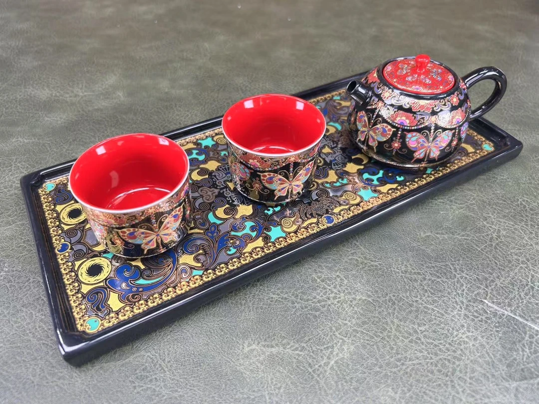 珐琅印黑帝珐琅德钟壶一壶两杯一茶盘H6666