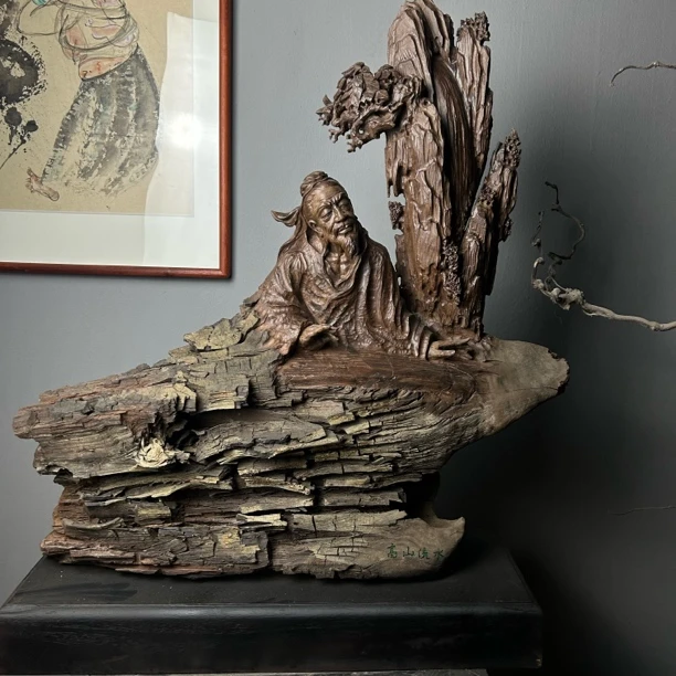 乌木红椿精品人物木根雕高山流水伯牙抚琴家居装饰摆件