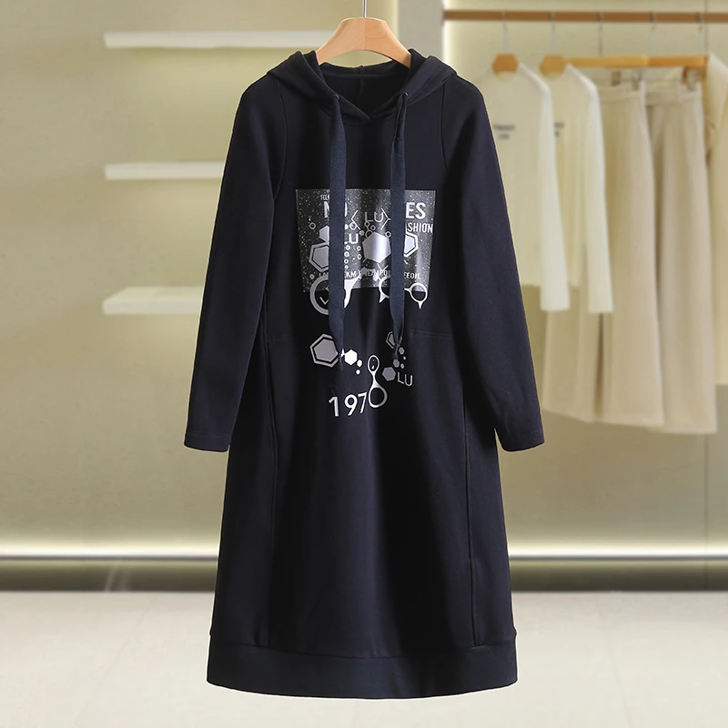 【伍莎-自营】韩版宽松印花抓绒连帽连衣裙#YZT48L009