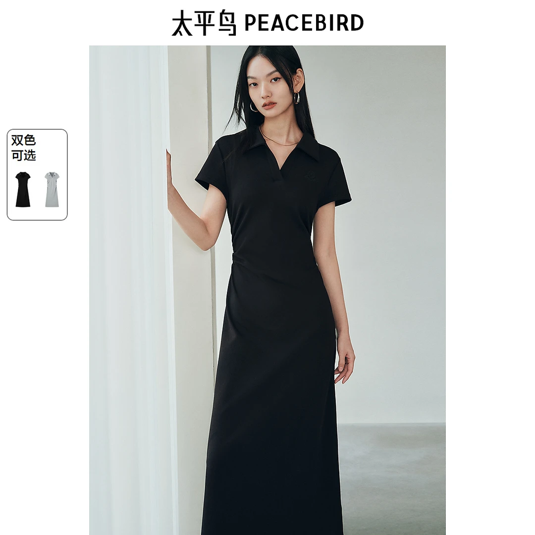 太平鸟POLO领长款裙25春新款短袖T恤裙简约休闲显瘦长裙ABFAF1286
