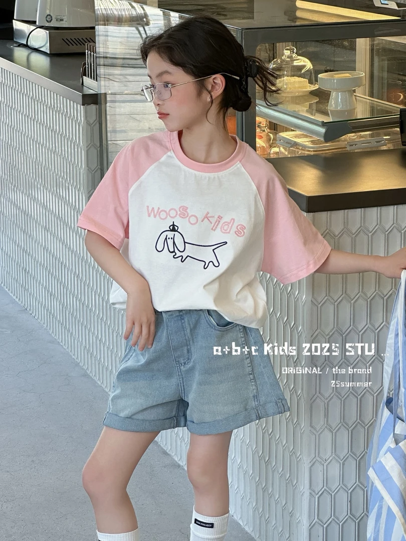 a+b+c韩系2025新款超薄牛仔短裤水洗浅牛仔宽版洋气短裤女童76858