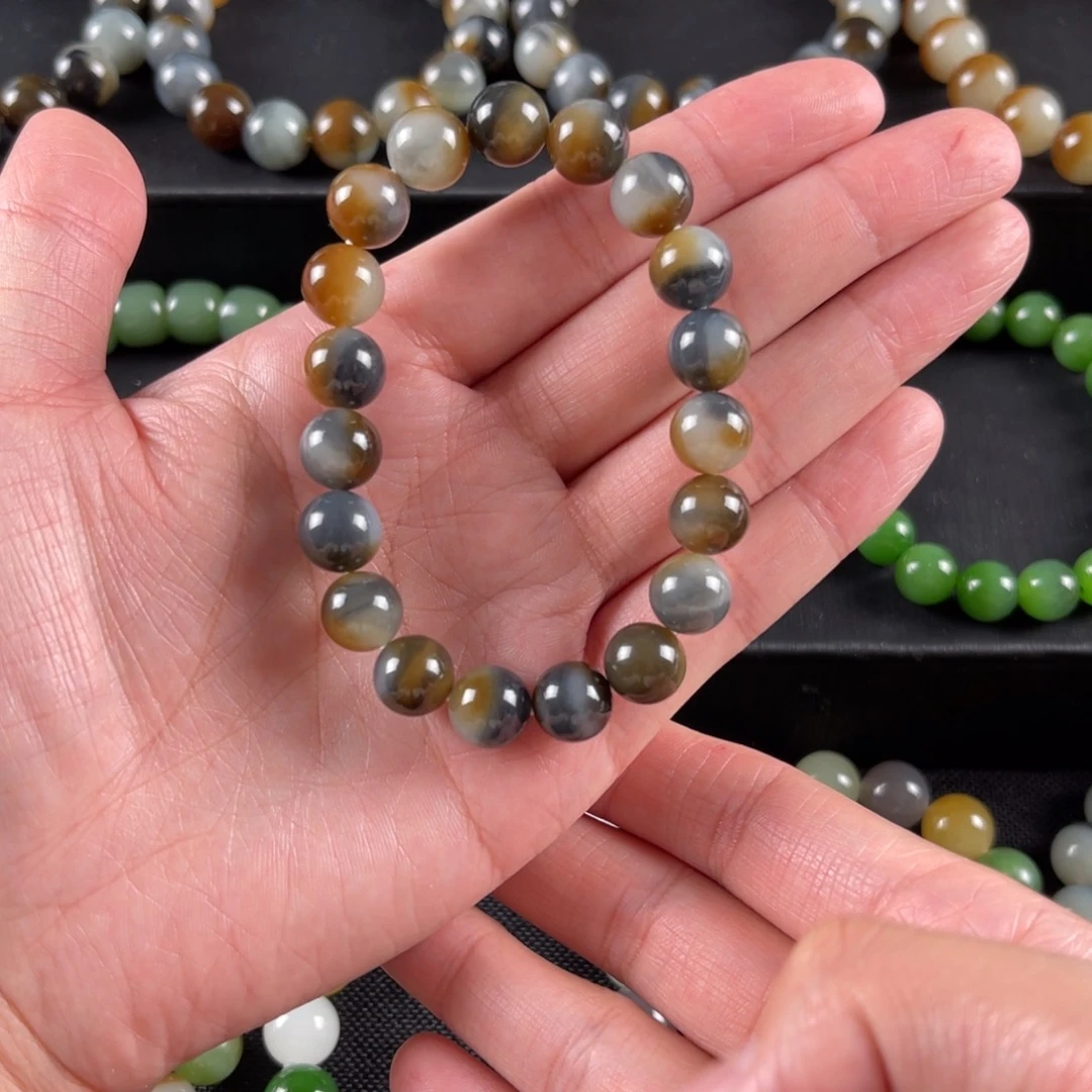 和田玉手串未镶嵌卡10颗颗三色