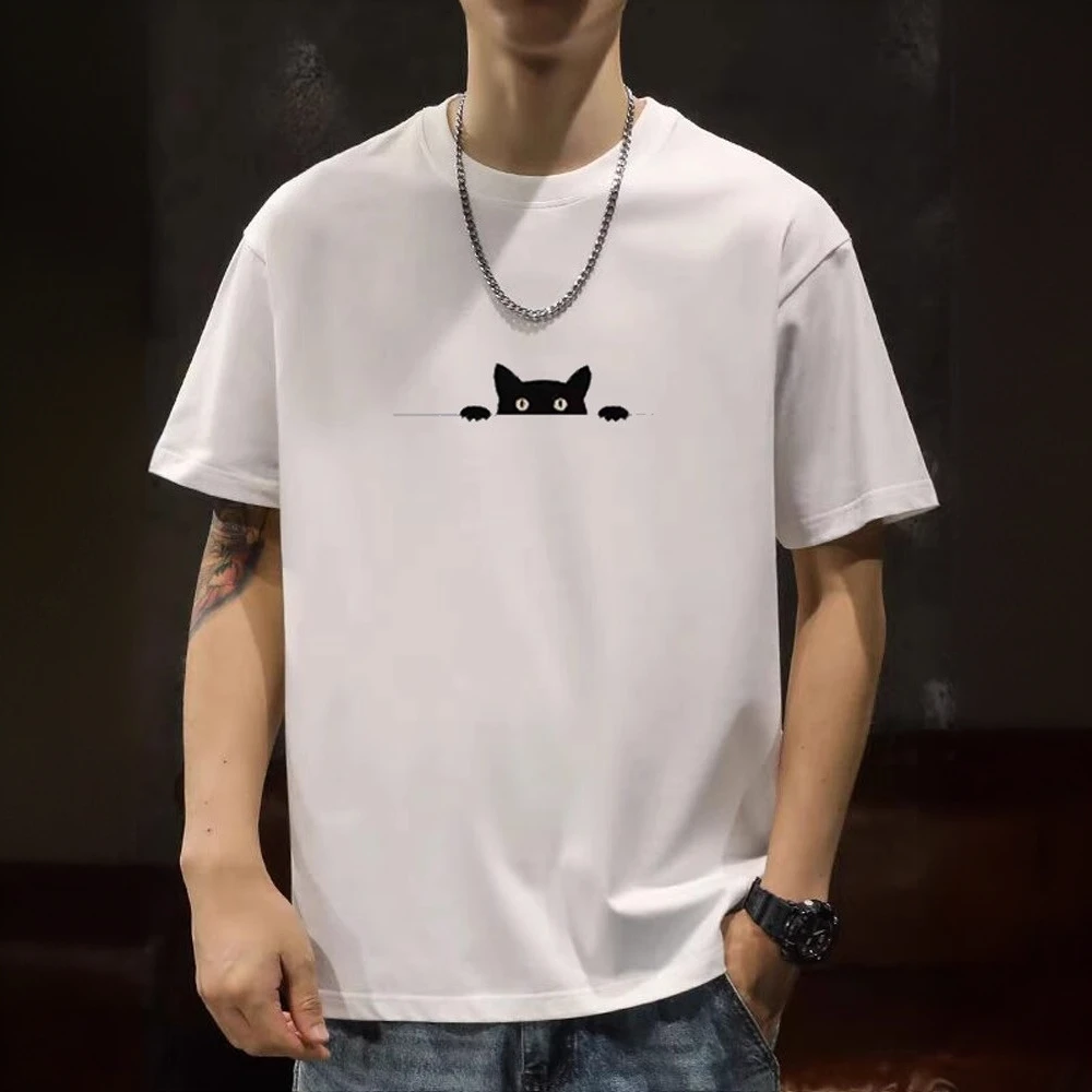 殿若潮牌猫咪短袖t恤男夏季2025新款宽松轻奢纯棉简约情侣装体恤