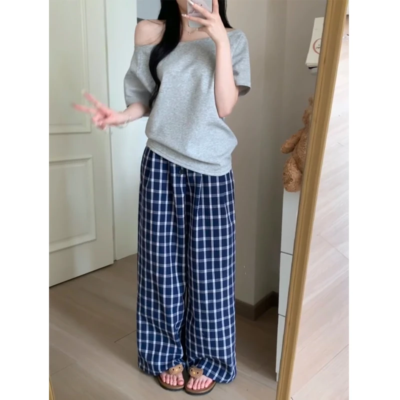 2025夏季新款韩系高级感时尚气质灰色斜领短袖上衣格子裤子二件套