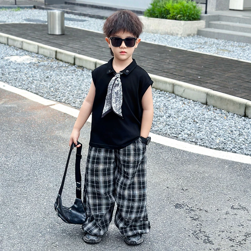 儿童装男童夏装套装2025新款帅气男孩时髦宝宝休闲格子防蚊裤夏季