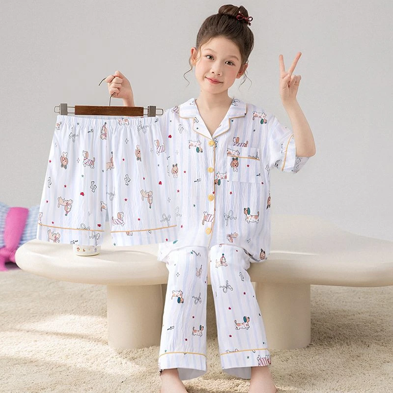 三件套儿童睡衣2025新款夏季云朵棉薄款短袖长裤男女童春秋家居服