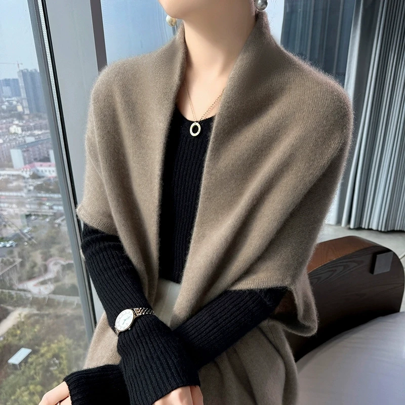 秋冬新款纯羊毛加厚大披肩开衫保暖气质女式针织上衣