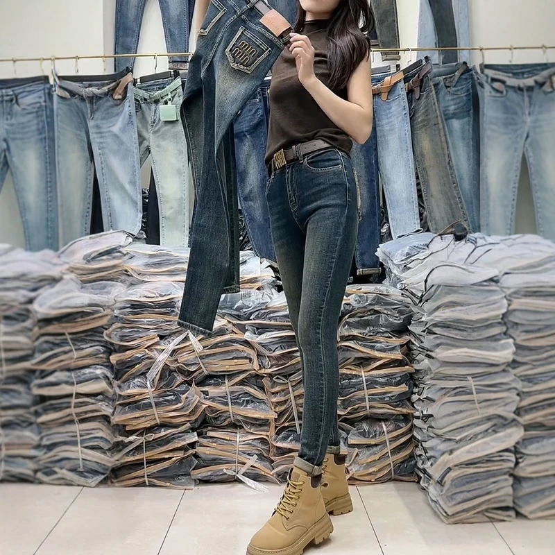 秋季新款弹力修身直筒小脚牛仔裤大码女装百搭复古刺绣九分铅笔裤