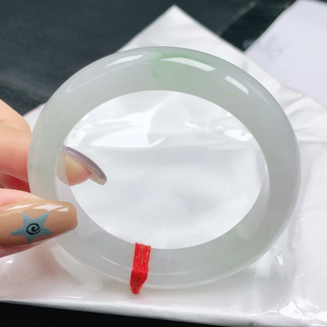 翡翠未镶嵌手镯翡翠52.7冰润白冰飘绿正圈