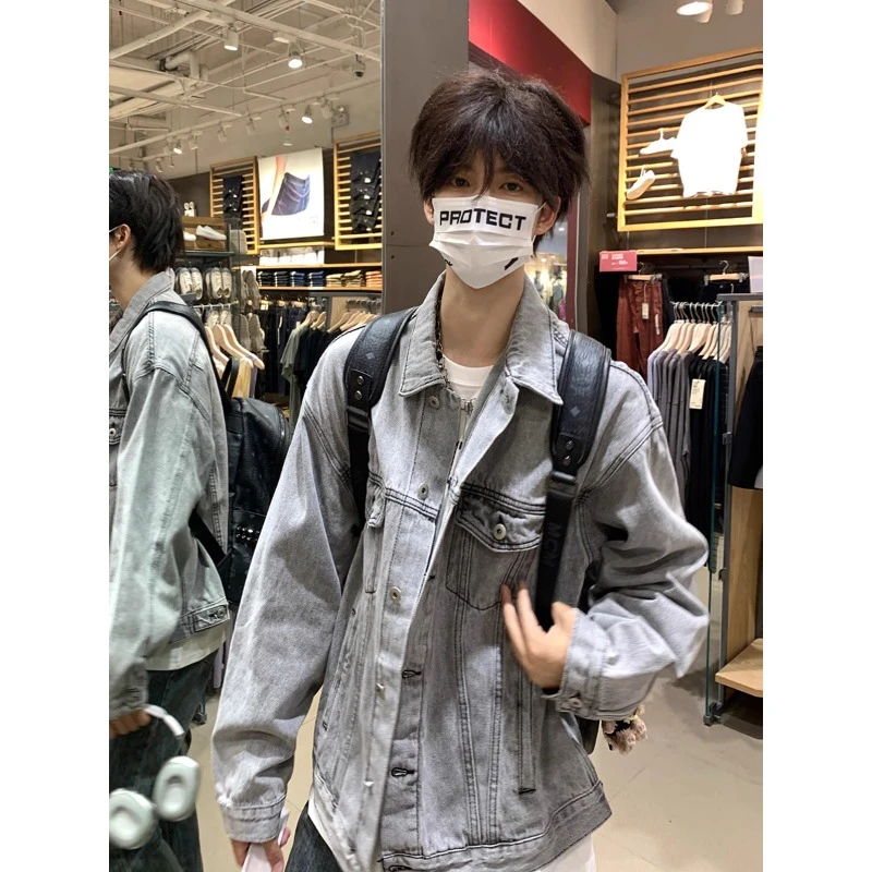 浅蓝色牛仔外套男款春秋美式痞帅高级感上衣cleanfit潮牌翻领夹克