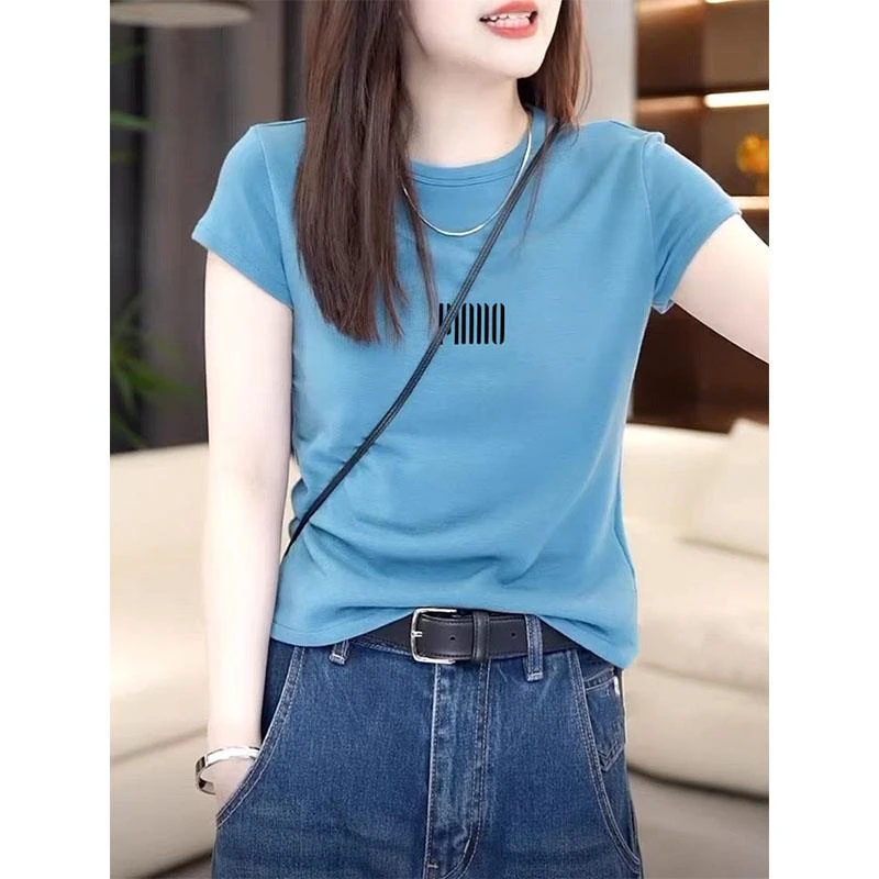 可外穿拉领修身短袖湖蓝色T恤女2025火爆气质百搭显瘦上衣打底衫