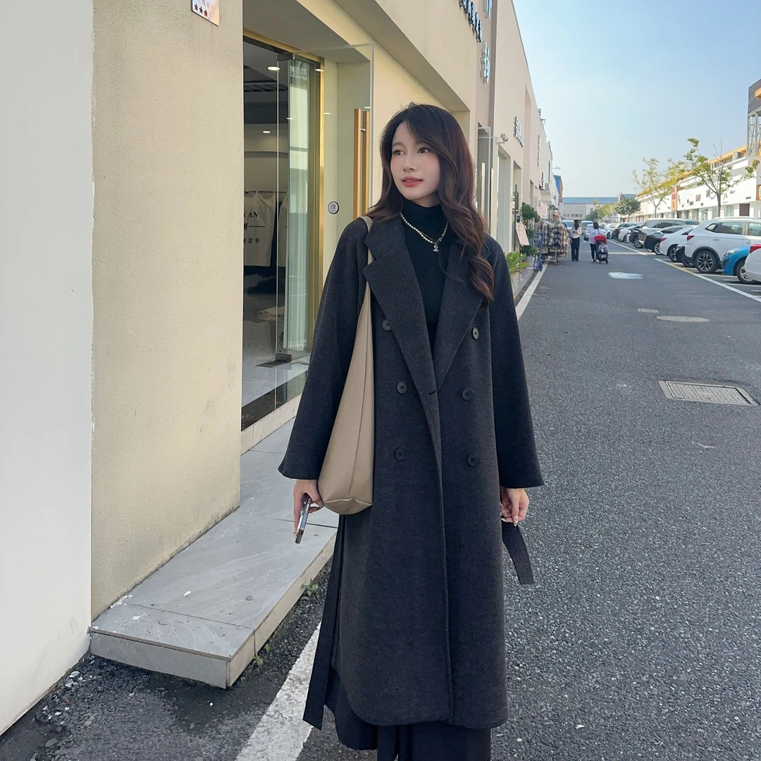 2024秋冬新款双面呢大衣女中长款西装领毛呢外套韩版休闲时尚网红