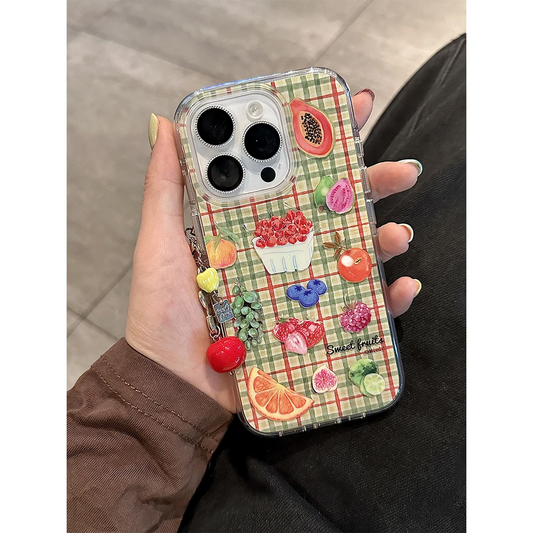 适用苹果16手机壳iPhone15/14promax粉色插画夏日清新水果保护套