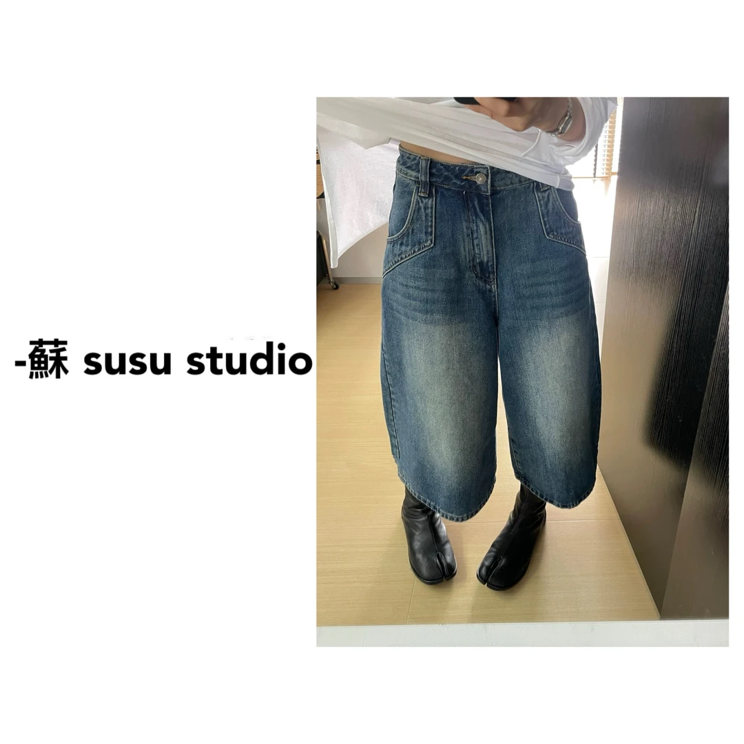 宽松复古小众高腰显瘦阔腿直筒洗水做旧牛仔七分裤中裤