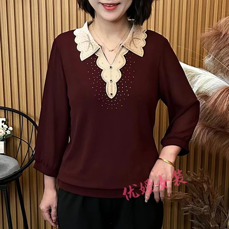 妈妈装春季新款时尚撞色翻领显瘦百搭中老年女装八分袖上衣 A876