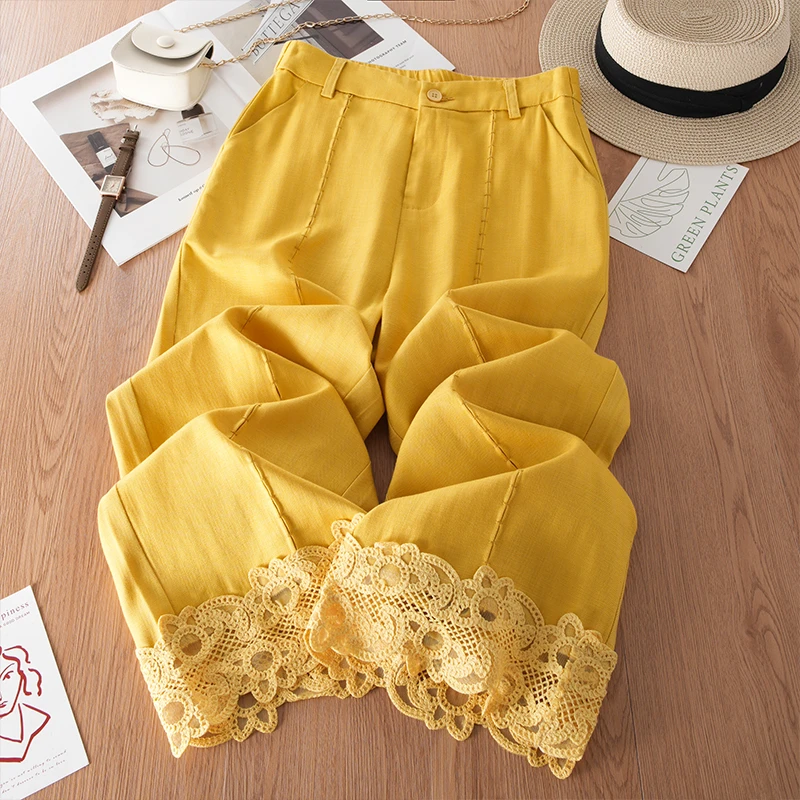 La babite薄款休闲裤夏季2025新款蕾丝钩花高腰直筒裤时尚八分裤