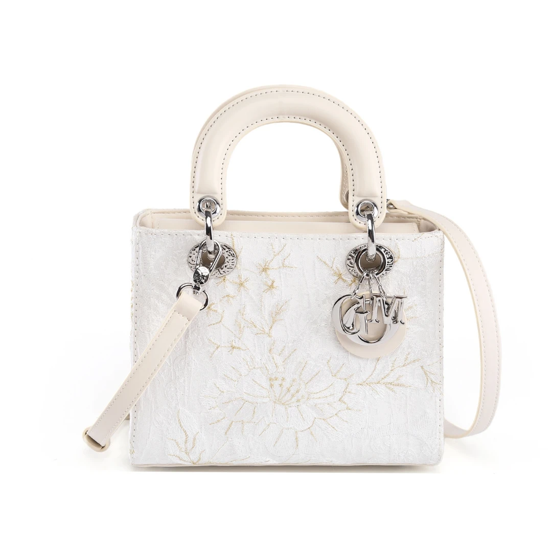 新款轻奢国风刺绣戴妃女时尚百搭单肩斜挎小方包1440白色恋人