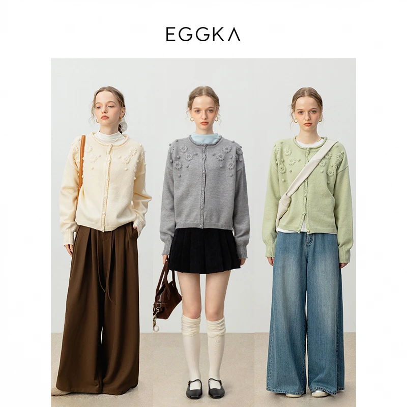 EGGKA【现现】圆领立体绣花长袖针织开衫E24A4099YM