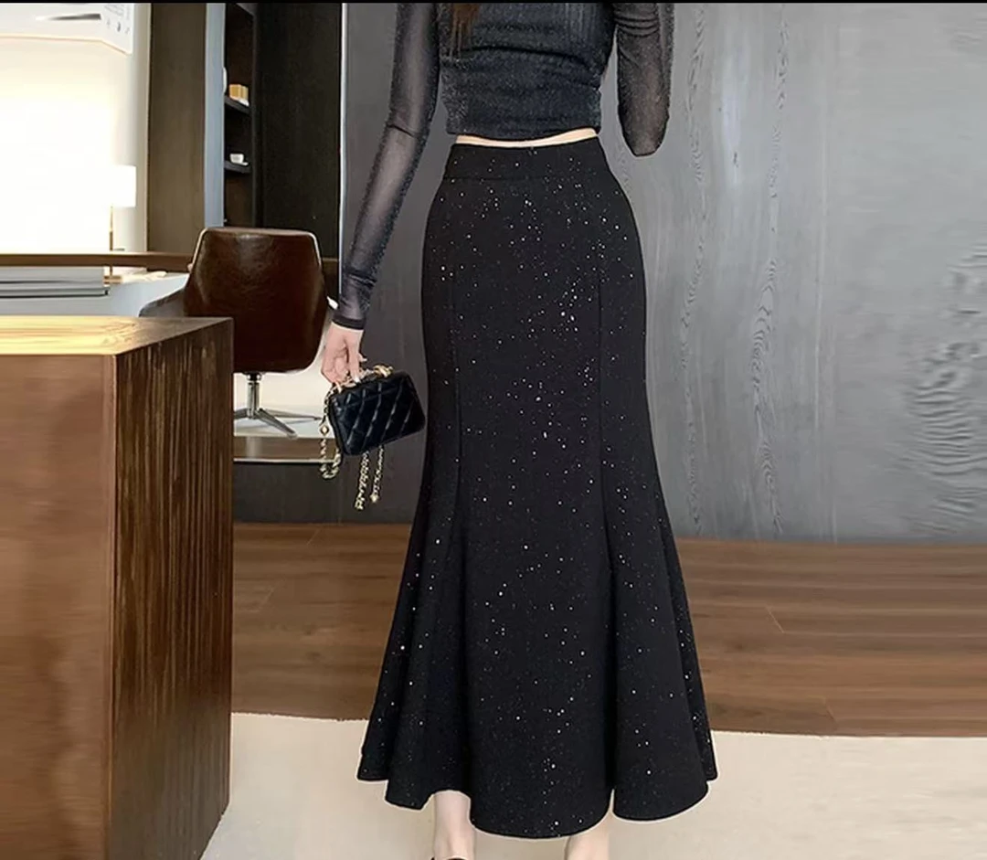 a1时尚气质鱼尾裙黑色不起球高腰包臀裙半身裙