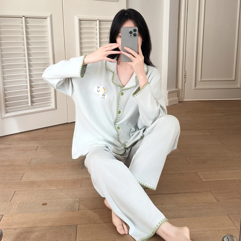 睡衣女款爆款2025新款春秋季简约长袖长裤套装少女休闲大码家居服