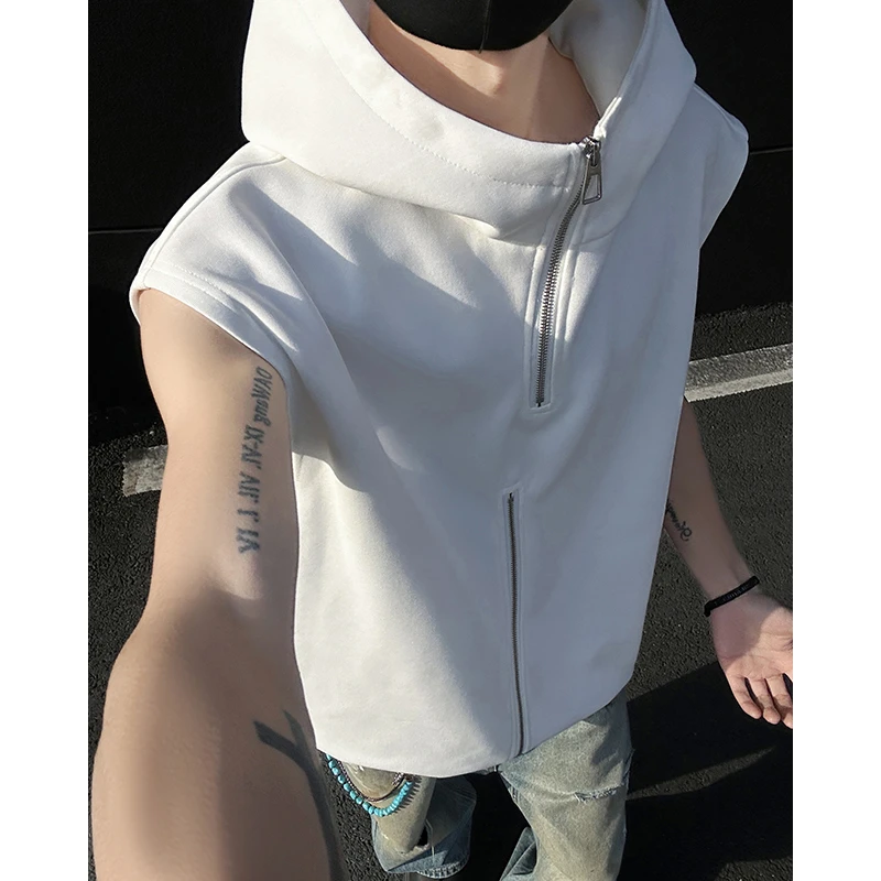 美式高街重磅白色坎肩连帽背心男款夏季小众设计感半拉链无袖t恤