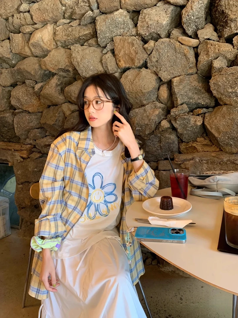 黄色爱心贴布格子防晒衬衫外套女2025春夏宽松设计感财阀千金女装