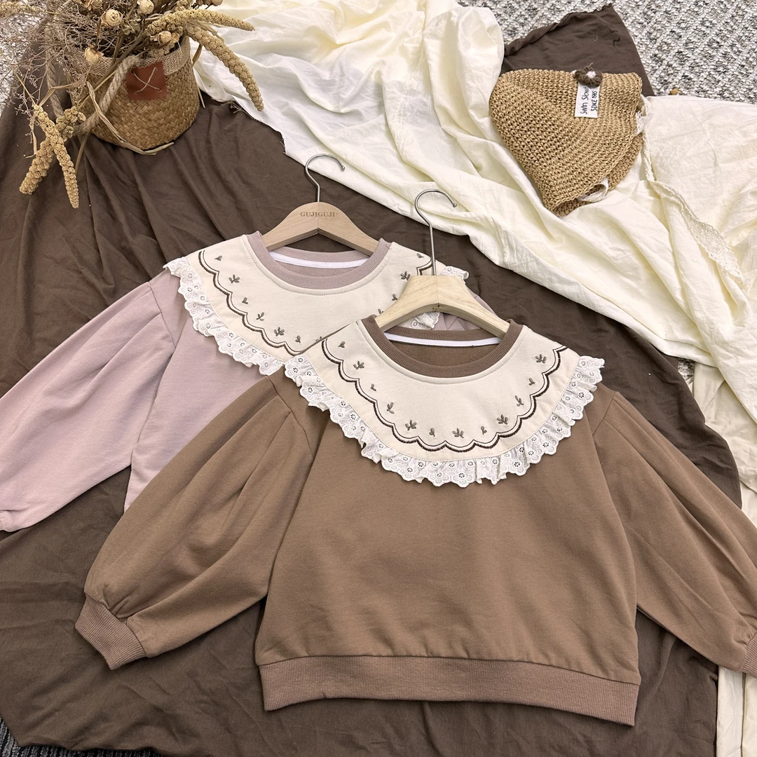 新款女童春秋新款儿童花边绣花卫衣童装时髦女童套头时尚上衣卫衣