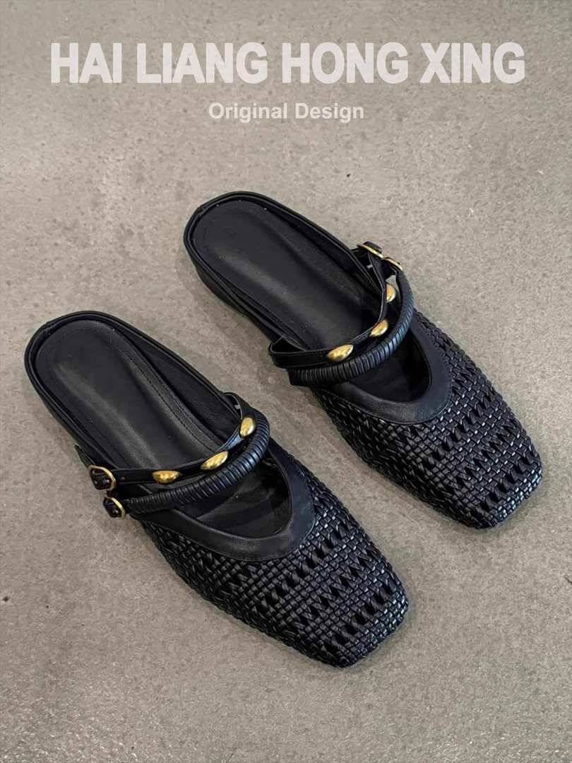 羊皮版~法式复古内增高包头半拖鞋女外穿编织镂空穆勒女鞋凉拖鞋