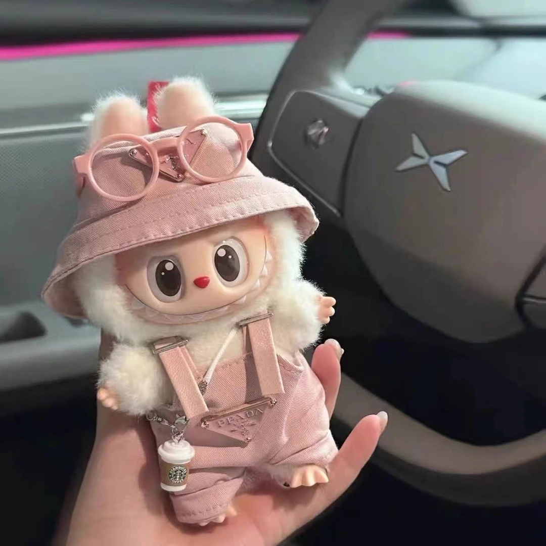 17cm潮玩毛绒公仔labubu二代三代换装娃衣背带裤渔夫帽粉色套装