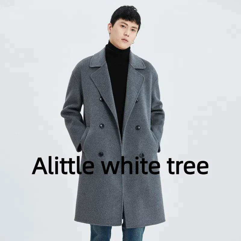 Alittlewhitetree100%羊毛双面呢子大衣男西装领中长款双排扣羊绒