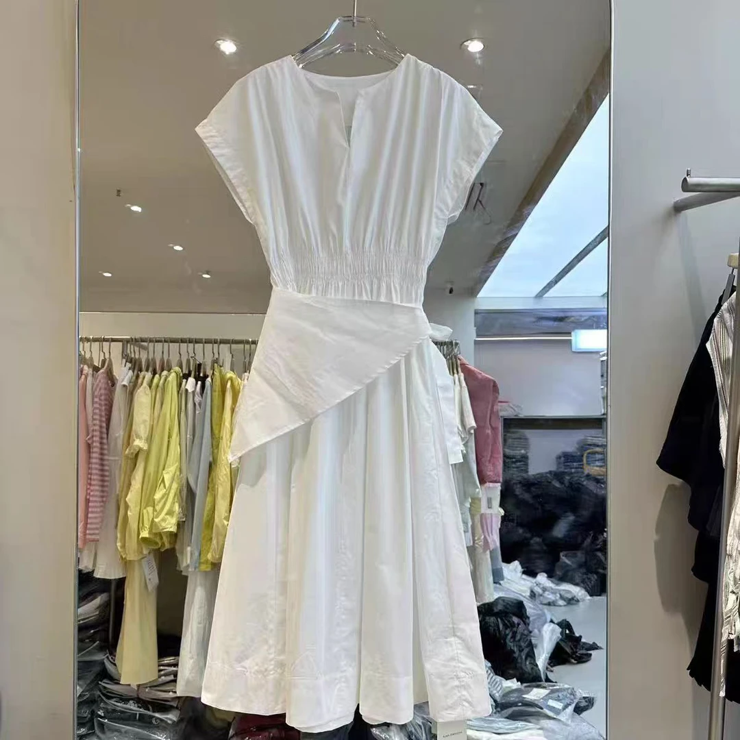 法式963纯色短袖夏季常规高腰连衣裙百褶时尚拼接褶皱