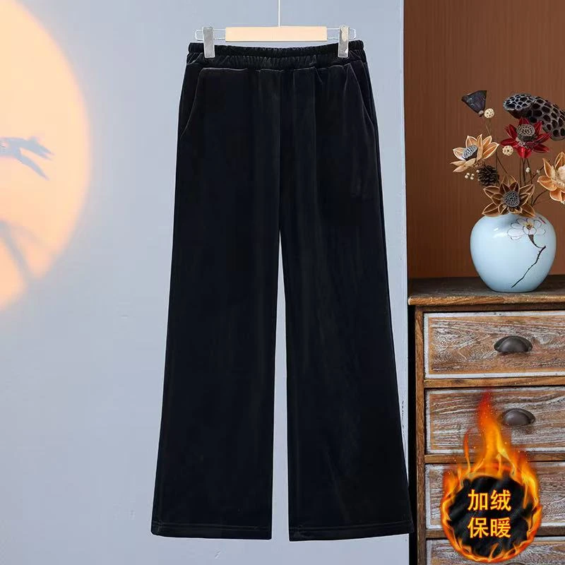 【小皮原创】金丝绒阔腿直筒裤新款高腰松紧加绒显瘦时尚洋气百搭