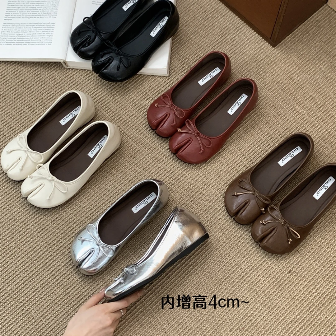 圆圆家 B875 韩版方头蝴蝶结浅口单鞋女2025年秋内增高分趾猪蹄鞋