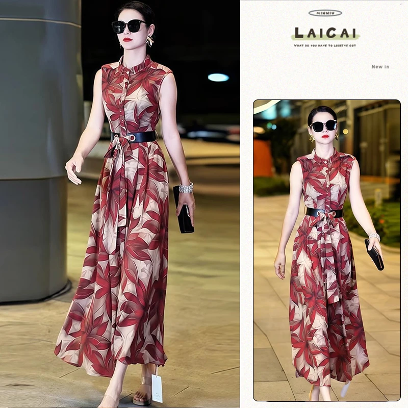 A471气质印花大方连衣裙夏季新款法式收腰绑带显瘦女神范雪纺长裙