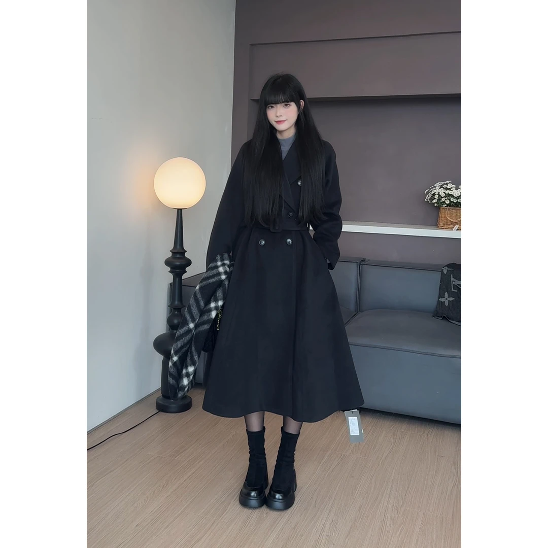 RICHINCHEESE 机场女明星 长款毛呢大衣时尚收腰秋冬黑色赫本风